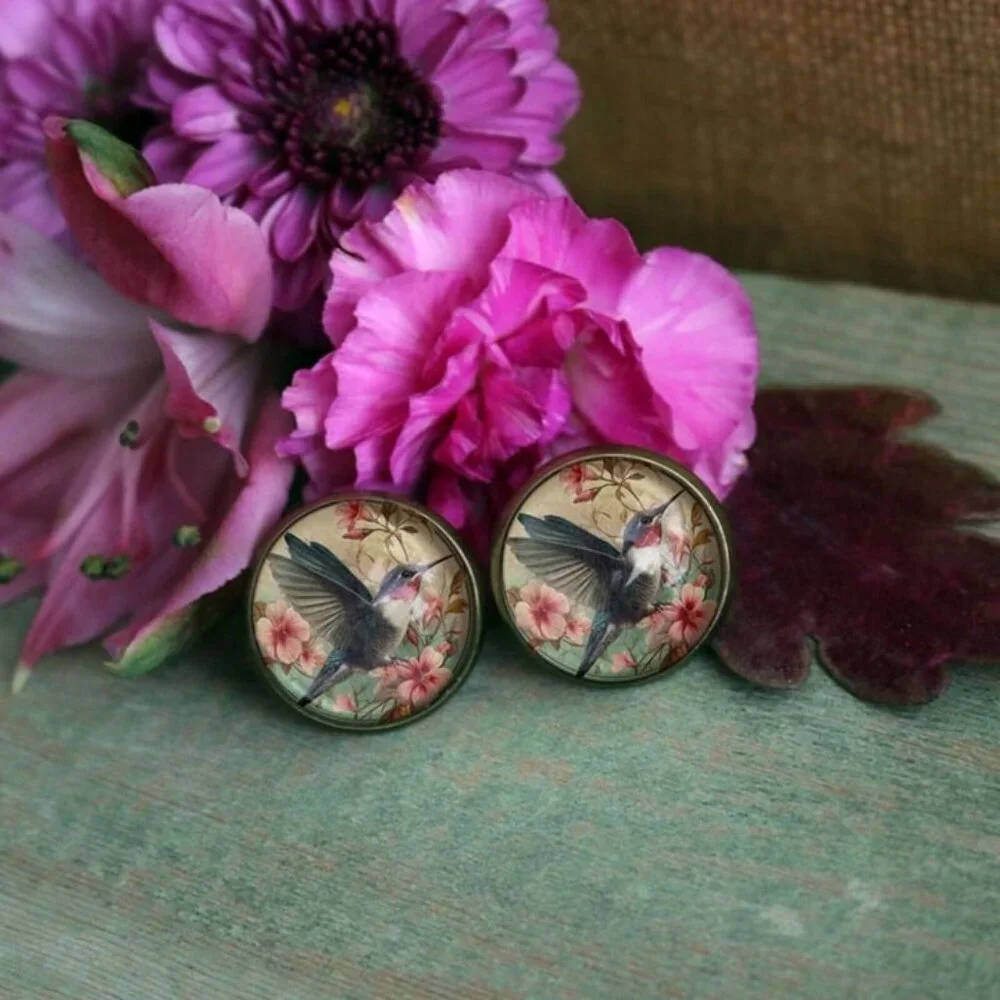 Hummingbird Stud‎ Earrings - Antique Bronze Vintage Art Nouveau Bird Jewelry